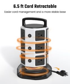 Power Strip Tower Surge Protector, JACKYLED 1625W 13A Outlet Surge Electric Tower, 12 Outlets 6 USB Ports Retractable Cord Charging Station with 16AWG 6.5ft Heavy Duty Extension Cord for Home Office Medium White Black 21 71U5bOfl1UL