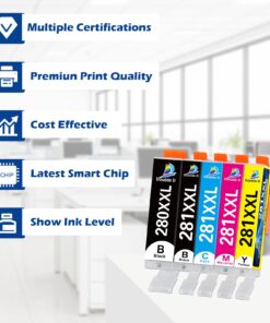 280 281 280XXL 281XXL Ink Cartridges Compatible for Canon 280 281 PGI-280XXL CLI-281XXL for Canon PIXMA TR7520 TR8520 TS8220 TS9120 TS8120 TS6120 TS6220 TS9520 TS9521C TS702 (PGBK, BK, C, M, Y) 15 71U7VK3ZkqL