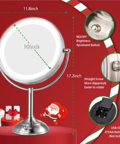 VESAUR 10" Extra Large and 17" Tall Lighted Makeup Mirror, 1X/5X Magnifying Vanity Mirror with 3 Colors Dimmable, 52 Premium LED Lights, 360° Rotation Table Mirror 2 Power Supply, Pearl Nickel XX-Large 34 71U9bTFh5hL