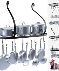 Vdomus Wall Mounted Pot and Pan Rack for Kitchen, Cookware Hanging rack with 10 Hooks Included, Hanging Pan Organizer, Black 24 x 10 Inches 31 71UCPGUALBL