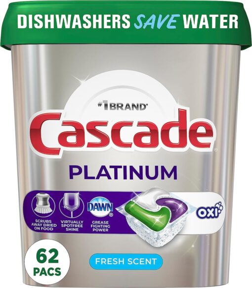 Cascade Platinum Dishwasher Soap Pods, Actionpacs + Oxi with Dishwasher Cleaner and Deodorizer Action, Fresh, 62 Count of Dish Detergent Pods 62 Count (Pack of 1)