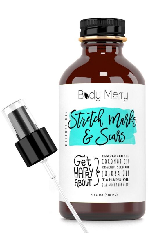 Body Merry Stretch Marks and Scars Defense Oil – Moisturizing Body Oil with Coconut, Sea Buckthorn, Jojoba, Rosehip and Tamanu Oils - Fade Marks and Nourish Dry Skin – Ideal for Pregnancy, 4 oz 4 Fl Oz (Pack of 1)