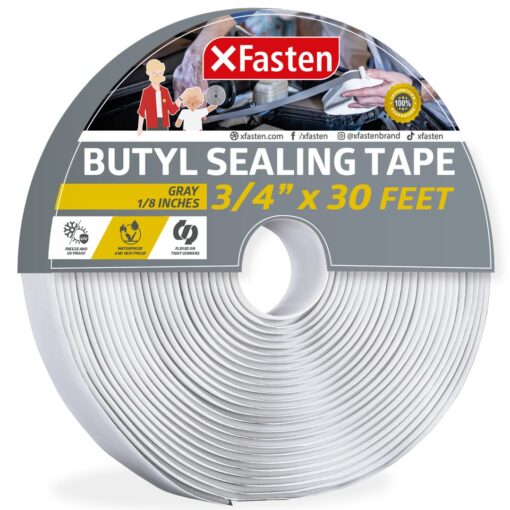 XFasten Butyl Sealing Tape, Gray, 1/8-In x 3/4-In x 30-Foot Plumbers Putty Tape, RV Sealant Tape, Butyl Rubber for Boat Sealing, EDPM Butyl Tape RV 1/8" x 3/4" x 30', Single Pack Grey