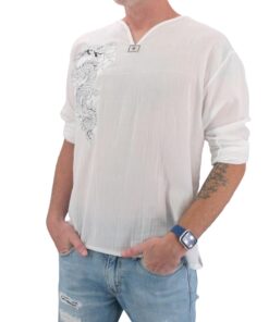Alternative view of Men's White Dragon Shirt 100% Cotton Hippie Top Large
