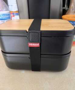 GRUB2GO Premium Bento Lunch Box (Large 68 Oz Capacity) | 2023 Exclusive, 70% Bigger | Includes Bamboo Chopping Board Lid, Carry Bag, 2 Dividers, Utensils, Sauce Container Premium 2021 Model: Executive Black (68 OZ) 46 71UZWyY6ffL
