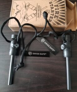 Swiss Safe 5-in-1 Fire Starter with Compass, Paracord and Whistle (2-Pack) for Emergency Survival Kits, Camping, Hiking, All-Weather Magnesium Ferro Rod Black 29 71UacX P3EL