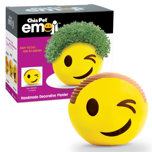 Chia Pet Emoji Winky with Seed Pack, Decorative Pottery Planter, Easy to Do and Fun to Grow, Novelty Gift, Perfect for Any Occasion Wink Face Emoji