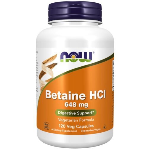 NOW Supplements, Betaine HCl 648 mg, Vegetarian Formula, Digestive Support*, 120 Veg Capsules