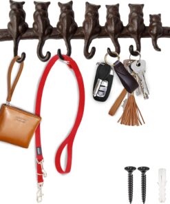7 Cats Cast Iron Wall Mounted Hanger Rack - Decorative Cast Iron Wall Hook Rack - Vintage Design Hanger with 7 Hooks - Wall Mounted | 12.4 x 3.9” - with Screws and Anchors | Rustic Brown Color