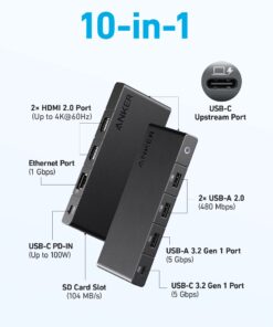 Anker 364 USB C Hub (10-in-1, Dual 4K HDMI) with Max 100W Power Delivery, Dual 4K HDMI Ports, 4 USB-A and USB-C Data Ports, Ethernet and SD Card Slot for Dell Laptop, ThinkPad, and More 9 71Uurc20FuL