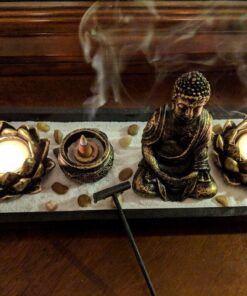MyGift Desktop Zen Garden Kit with Buddha Statue, Incense Burner, Sand, Rake and Lotus Tea Light Candle Holder 30 71UwBz6ch4L