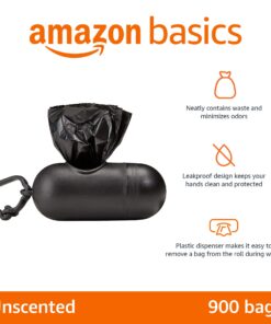 Amazon Basics Standard Dog Poop Bags with Dispenser and Leash Clip, Unscented, 900 Count, 60 Pack of 15, Black, 13 Inch x 9 Inch 15 Count (Pack of 60) 16 71Uz1lv weL