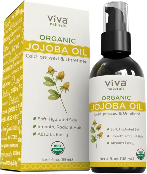 Viva Naturals Jojoba Oil Organic Cold Pressed Unrefined - 100% Pure Jojoba Oil for Skin, Natural Face Moisturizer and Hair Moisturizer, USDA Certified Organic Face Oil for Skin Care DIY, 4 fl. oz 4 Fl Oz (Pack of 1)