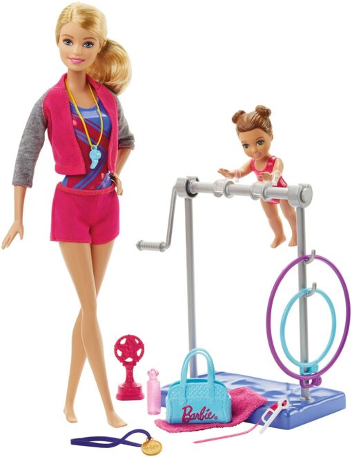 Barbie Gymnastics Playset with Barbie Coach Doll, Small Doll, Spinning Bar, Hoops, Ribbon & 5+ Accessories