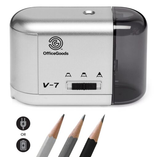 OfficeGoods Electric Pencil Sharpener - Battery or Cord Powered Portable Sharpener - Perfectly Sharpens Colored Pencils, Drafting Pencils for Artists, Office, School & Home - Silver