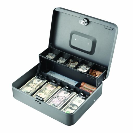 MMF Industries STEELMASTER Tiered Tray Cash Box | 11.81” W x 3.18” H x 9.43” D | 10 Compartments | Tiered Tray Design | Recessed Handle | Secure Cam Lock | Steel Construction 11.8"L x 9.5"W x 3.2"H