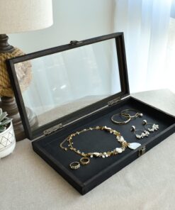 MOOCA Wood Tempered Glass Top Jewelry Display Case Accessories Storage Box with Metal Clasp, Wooden Jewelry Tray for Collectibles, Home Organization, Black 12 71V8n50AnQL