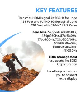 OREI 4K HDMI Over Ethernet CAT6/CAT7 Extender, Extender RJ45 4K@30Hz Upto 130 Ft 1080P Upto 230 FT Full HD POC Transmitter & Receiver IR Loop Out (EX-230C) 20 71V90nrmIL