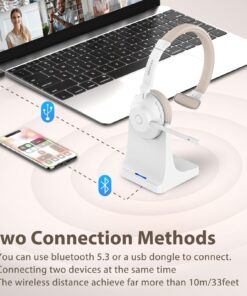 Bluetooth Headset, Wireless Headphones with Microphone Noise Canceling & USB Dongle, Wireless Headset with Mic Mute & Charging Base for PC/Phones/Zoom/Skype/MS Teams/Google Meet Work Headset Light Brown 21 71VALs65G8L