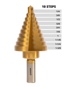 NEIKO 10194A Titanium Step Drill Bit, High-Speed Alloy-Steel Bit, Hole Expander for Wood and Metal, 10 Step Sizes from 1/4 Inch to 1 3/8 Inches 1/4 to 1-3/8" Tri-Flat Shank Straight 20 71VKjFcPOUL