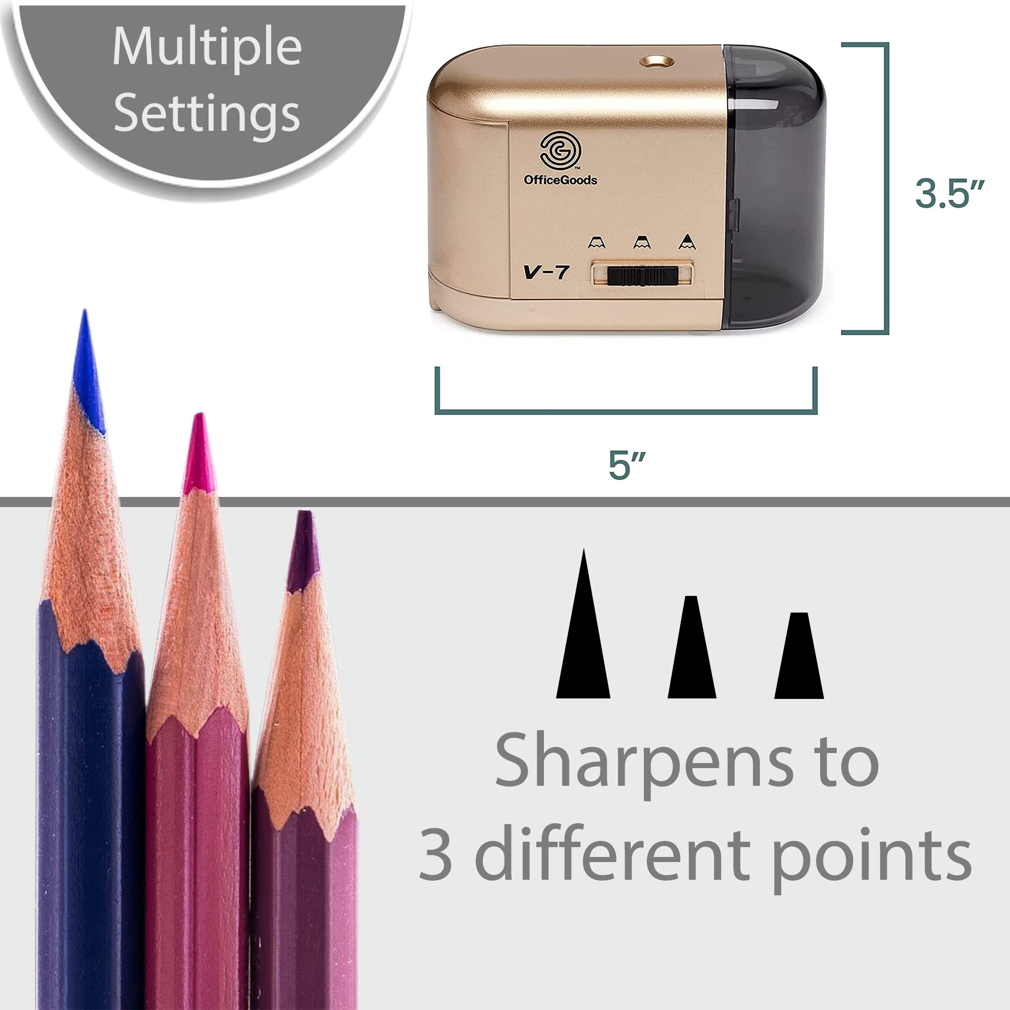 OfficeGoods Electric Pencil Sharpener - Battery or Cord Powered Portable Sharpener - Perfectly Sharpens Colored Pencils, Drafting Pencils for Artists, Office, School & Home - Gold 4 OfficeGoods Electric Pencil Sharpener - Battery or Cord Powered Portable Sharpener - Perfectly Sharpens Colored Pencils, Drafting Pencils for Artists, Office, School & Home - Gold - Image 4