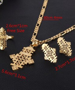 Alternative view of Ethiopian Cross Pendant Earring Ring Necklace Set 24k African Gold Corss Symbol Jewelry Set