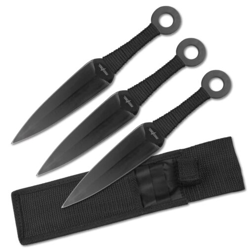 Perfect Point Throwing Knife Set – Set of 3 Throwers, Black Stainless Steel Blades and Black Cord Wrapped Handles, Includes Nylon Sheath, Well Balanced, Throwing Sport Knives – PP-869-3