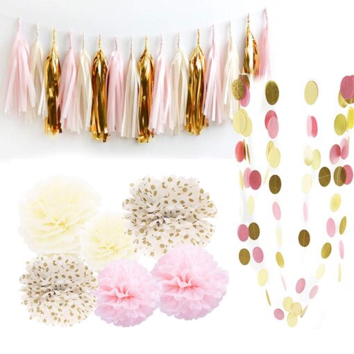 Bridal Shower Decorations Pink Gold Cream Glitter Gold Paper Tassel Garland Polka Dot Tissue Poms for Girl Prince Birthday Party Decorations Pink Gold First Birthday Party Decor