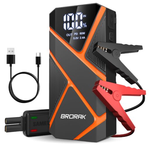 BRORAK Car Jump Starter Battery Pack, 1500A Jump Box for Car Battery Jump Starter, 12V Portable Jump Starter (Up to 7.0L Gas & 4.0L Diesel) Jump Pack with 3 Modes Flashlight and Jumper Cables orange