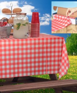 Red Gingham Plastic Tablecloth Roll With Cutter, 100' x 52" - Heavy Duty Party Table Cloth In Self Cutting Box - For Picnics, BBQs, and Birthday Parties - By Clearly Elegant Gingham Red 34 71Vc L0MjhL