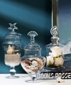Alternative view of MyGift Clear Glass Apothecary Jars with Lid, Decorative Seashell Design Bathroom Canister, Footed Candy Buffet Containers, Set of 3