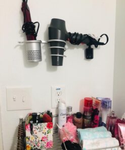 ELVASEN Hair Dryer Holder, Wall Mount Organizer Shelf Rack for Bathroom, Wall Mount with Comb Makeup Brushes Cup,Bathroom Washroom Shower Accessories Storage Organization Aluminum Set 31 71VrercMf9L