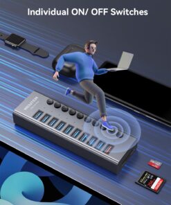 WENTER Powered USB Hub 3.0 with SD/TF Card Reader, Aluminum 10 Port Powered USB Hub (9 USB 3.0 Data Transfer Port & 1 USB Fast Charging Port Hub) USB 3.0 Hub for PC, Laptop 💪Aluminum 9+1 Charging Port USB Hub 12 71Vudi4TROL