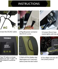 TEROMAS Portable DC/AC Tire Inflator Air Compressor for Car Tires 12V DC and Other Inflatables at Home 110V AC, Digital Electric Tire Pump with Pressure Gauge (Green) Green 17 71W3CPmWUYL