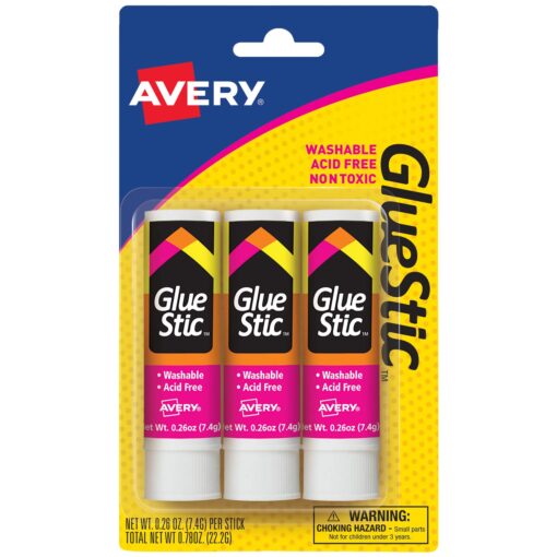 Avery Glue Stick White, Washable, Nontoxic, 0.26 oz. Permanent Glue Stic, 3pk (00164) 3 sticks