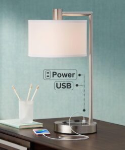 360 Lighting Colby Modern Desk Table Lamp with Hotel Style USB and AC Power Outlet in Base 21" High Brushed Nickel White Linen Drum Shade for Living Room Bedroom House Bedside Reading Home 21 71W7vmF4mL