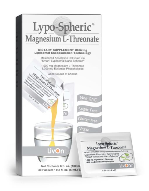 Lypo-Spheric Magnesium L-Threonate – 30 Packets – 77 mg Magnesium Per Packet – Liposome Encapsulated for Maximum Bioavailability – Professionally Formulated & 100% Non-GMO