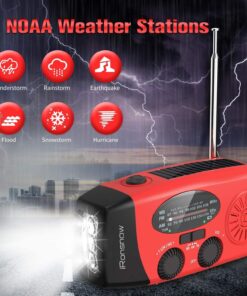 iRonsnow Solar Emergency Hand Crank Weather Radio, Portable Self Powered NOAA AM/FM Radios with SOS Alarm LED Flashlight 2000mAh Power Bank Smart Phone USB Charger for Camping (Red) 31 71WUehY87IL