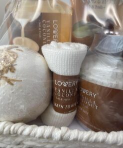 Bath and Body Gift Basket For Women and Men – 9 Piece Set of Vanilla Coconut Home Spa Set, Includes Fragrant Lotions, Extra Large Bath Bombs, Coconut Oil, Luxurious Bath Towel & More 41 71WUhiVj7L