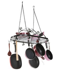 MyGift Black Scrollwork Metal Pot and Pan Ceiling Hanging Rack Heavy Duty Cooking Pans and Utensil Hanger with 10 Dual Hooks 18 71WZTEJ0GL