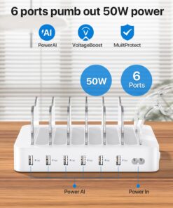 Alternative view of SooPii Premium 6-Port USB Charging Station Organizer for Multiple Devices, 6 Short Charging Cables and One Upgraded i-Watch Charger Holder Included, for Phones, Tablets, and Other Electronics, White