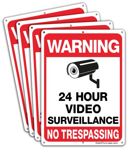 Faittoo 4-Pack Video Surveillance Sign, No Trespassing Metal Reflective Warning Sign, 10 x7 Inches 0.40 Aluminum Indoor or Outdoor Use for Home Business CCTV Security Camera,UV Protected & Waterproof Black and Red on White - 4 Pack