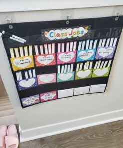REGELETO Class Jobs Pocket Chart with 70 Colorful Dry Erase Cards and 3 Hooks,Class Management Educational Pocket Chart Teacher's Helper Size: 24.5”x21.8”inch Bulletin Board for Classroom (Black) 16-Pockets 31 71WfBJvFX5L