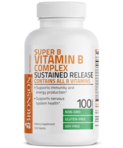 Bronson Super B Vitamin B Complex Sustained Slow Release (Vitamin B1, B2, B3, B6, B9 - Folic Acid, B12) Contains All B Vitamins 100 Tablets Unflavored 100 Count (Pack of 1) 18 71Wgsw8KLLL
