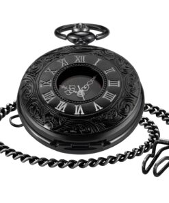 Realpoo Black Hollow Men's Pocket Watch, Roman Digital Scale Men's Quartz Pocket Watches, Quartz Pocket Watch with Chain for Men-Black 20 71Wi0vJs87L