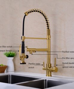 GICASA Kitchen Faucet, 3 Way Kitchen Faucet, Kitchen Faucet with Separate Spigot for RO Water, 3 in 1 Kitchen Faucet with Pull Down Sprayer and Pot Filler, Brushed Gold Brushed Gold 52 10 71WuU8XQG9L