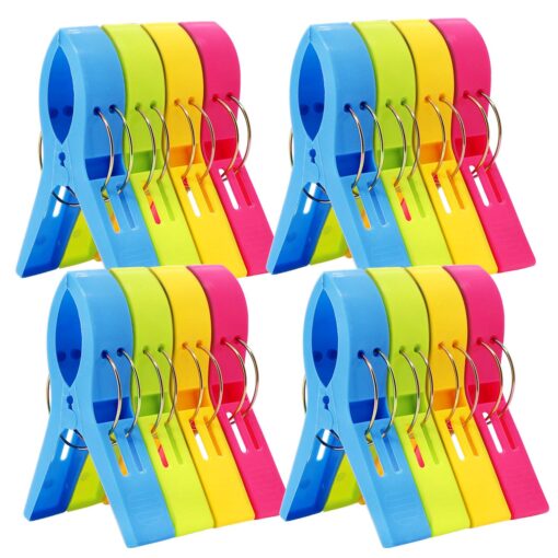 ESFUN 16 Pack Beach Towel Clips Holder for Pool Chairs on Cruise-Jumbo Size,Plastic Clothes Pegs Hanging Clip Clamps to Keep Your Towel from Blowing Away,Fashion Bright Color 16pcs