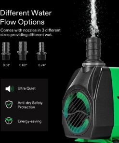 VIVOSUN 800GPH Submersible Pump(3000L/H, 24W), Ultra Quiet Water Fountain Pump with 10ft. High Lift with 6.5ft. Power Cord, 3 Nozzles for Fish Tank, Pond, Aquarium, Statuary, Hydroponics Green 19 71X ojR0mvL