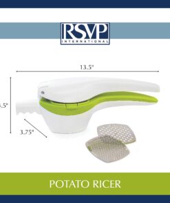 RSVP International (SPUD) Potato Ricer, White/Green | Mash Potatoes, Fruits, Vegetables & More | Includes Medium & Coarse Plates | Pot Resting Extension | Dishwasher Safe 22 71X23LpPPpS