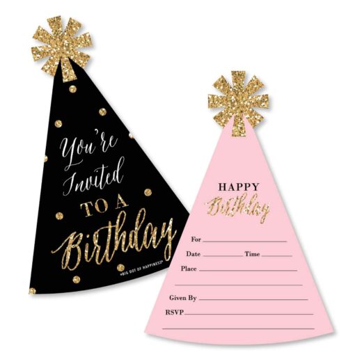 Big Dot of Happiness Chic Happy Birthday - Pink, Black and Gold - Shaped Fill-In Invitations - Birthday Party Invitation Cards with Envelopes - Set of 12